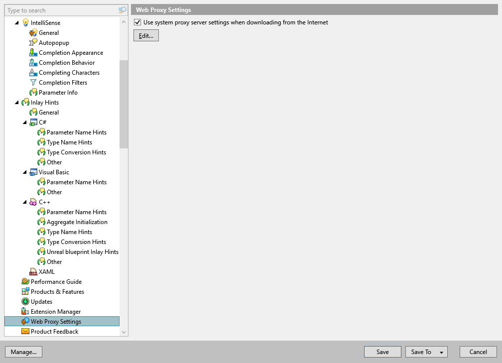 ReSharper options: Environment | Web Proxy Settings