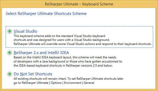 Choosing ReSharper keyboard shortcuts scheme