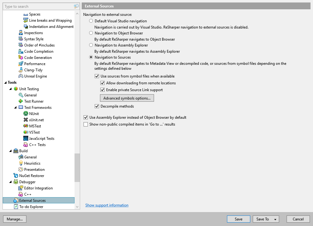 ReSharper options: Tools | External Sources