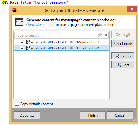 ReSharper: Generate content for masterpage's content placeholder