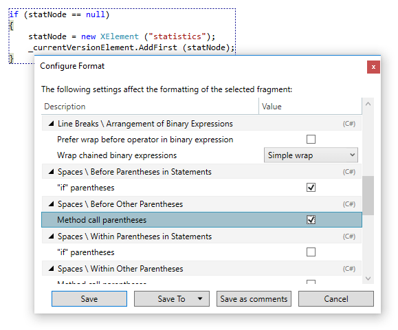 Configuring formatting rules for selected code