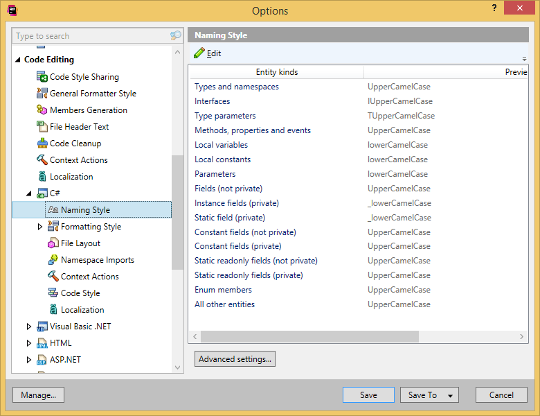 Naming style settings in ReSharper options