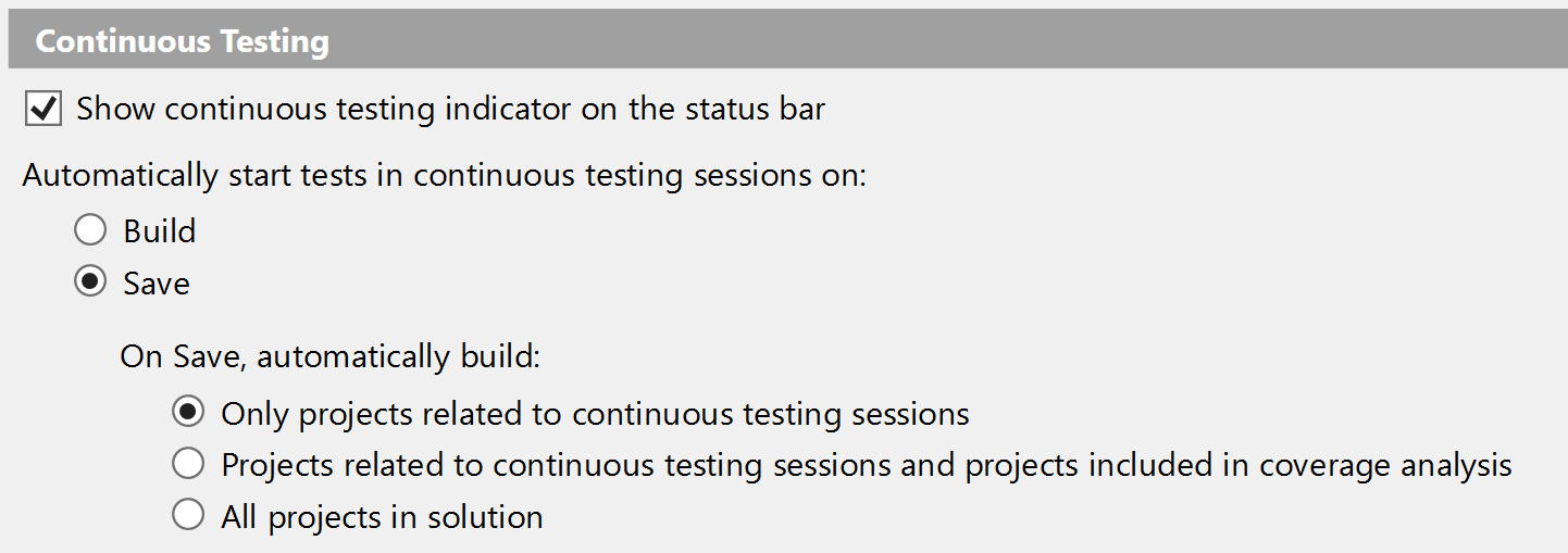 Continuous testing settings