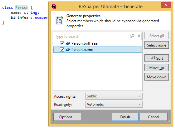 ReSharper. Generating properties for a TypeScript class