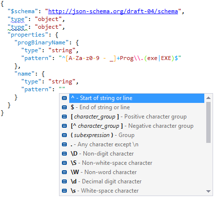 Code inspection and regular expression completion in JSON files