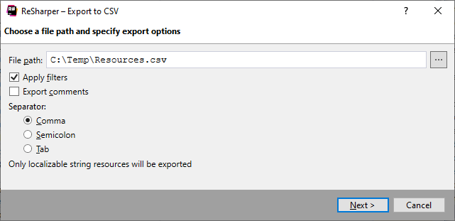 ReSharper: Localization Manager. Export to CSV