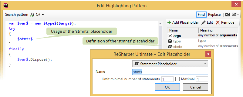 Placeholders in structural search and replace patterns