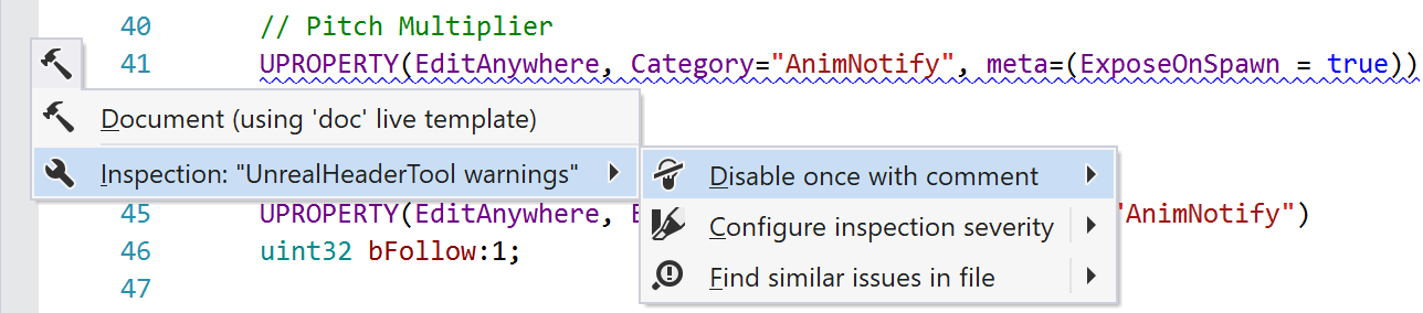 ReSharper: Clang-Tidy inspection menu