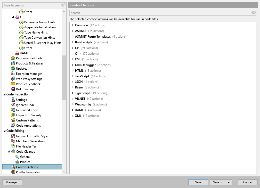 ReSharper options: Code Editing | Context Actions