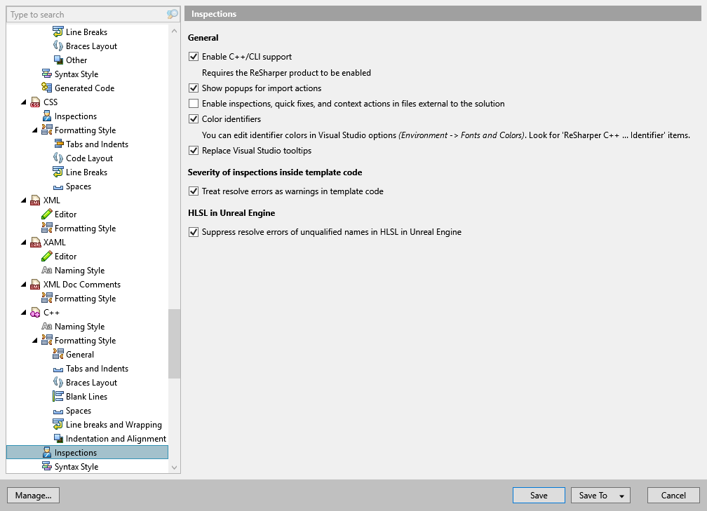 ReSharper options: Code Editing | C++ | Inspections