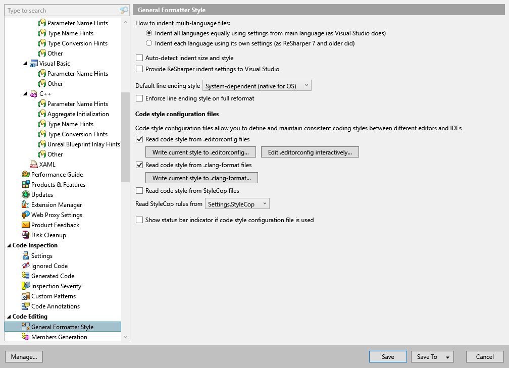 ReSharper options: Code Editing | General Formatter Style