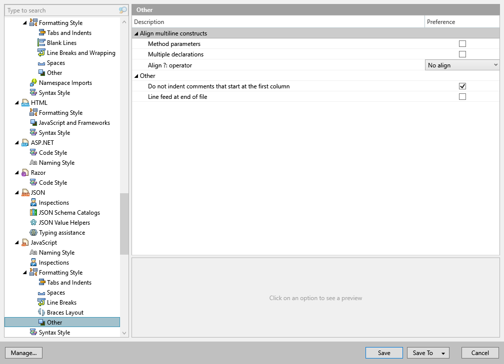 ReSharper options: Code Editing | JavaScript | Formatting Style | Other
