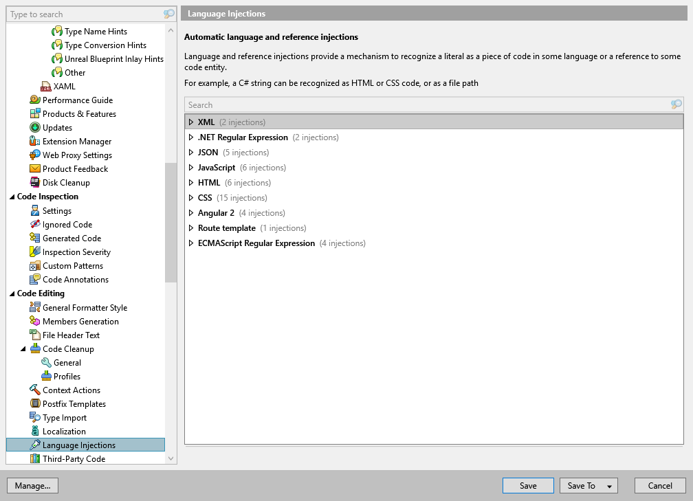 ReSharper options: Code Editing | Language Injections