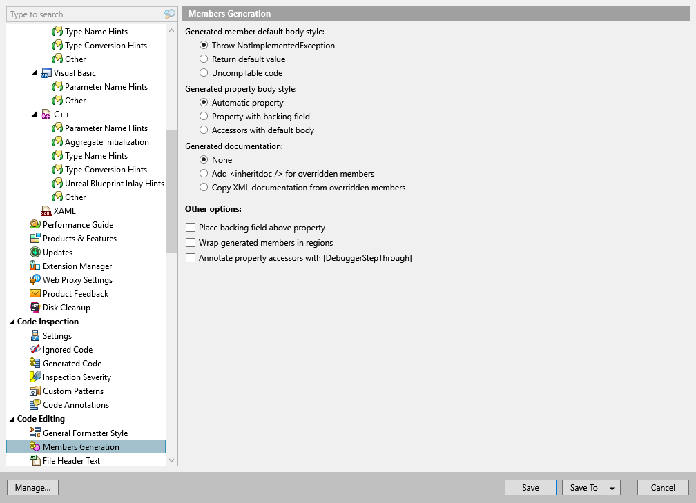 ReSharper options: Code Editing | Members Generation