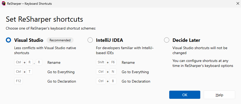 Choosing ReSharper keyboard shortcuts scheme