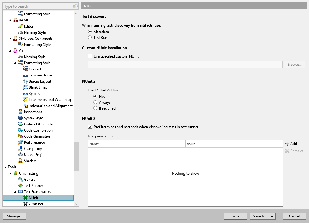 ReSharper options: Tools | Unit Testing | Test Frameworks | NUnit