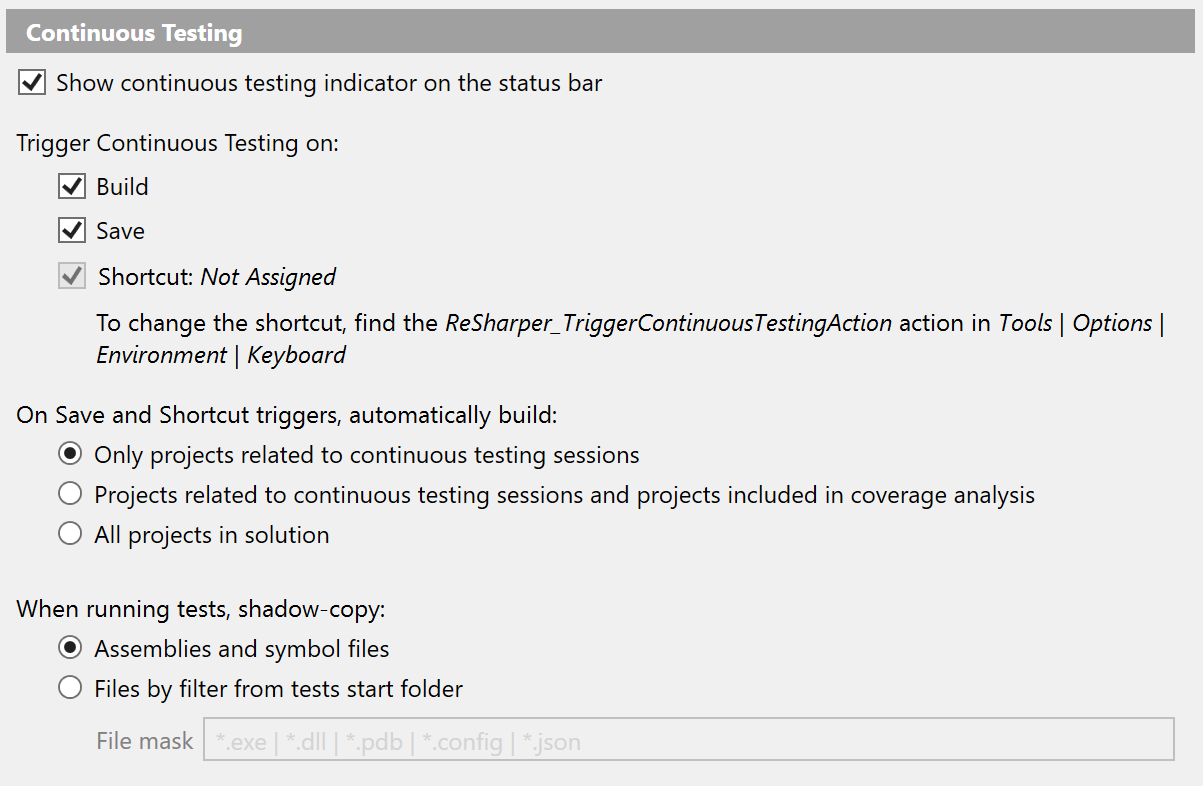 dotCover: Continuous Testing settings