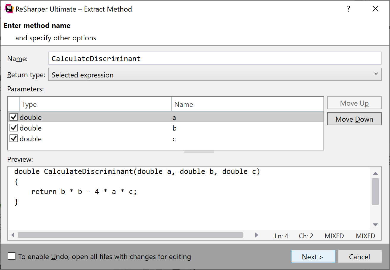 Extract method in C++: Specifying method details