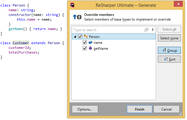 ReSharper. Generating overriding members for a TypeScript class