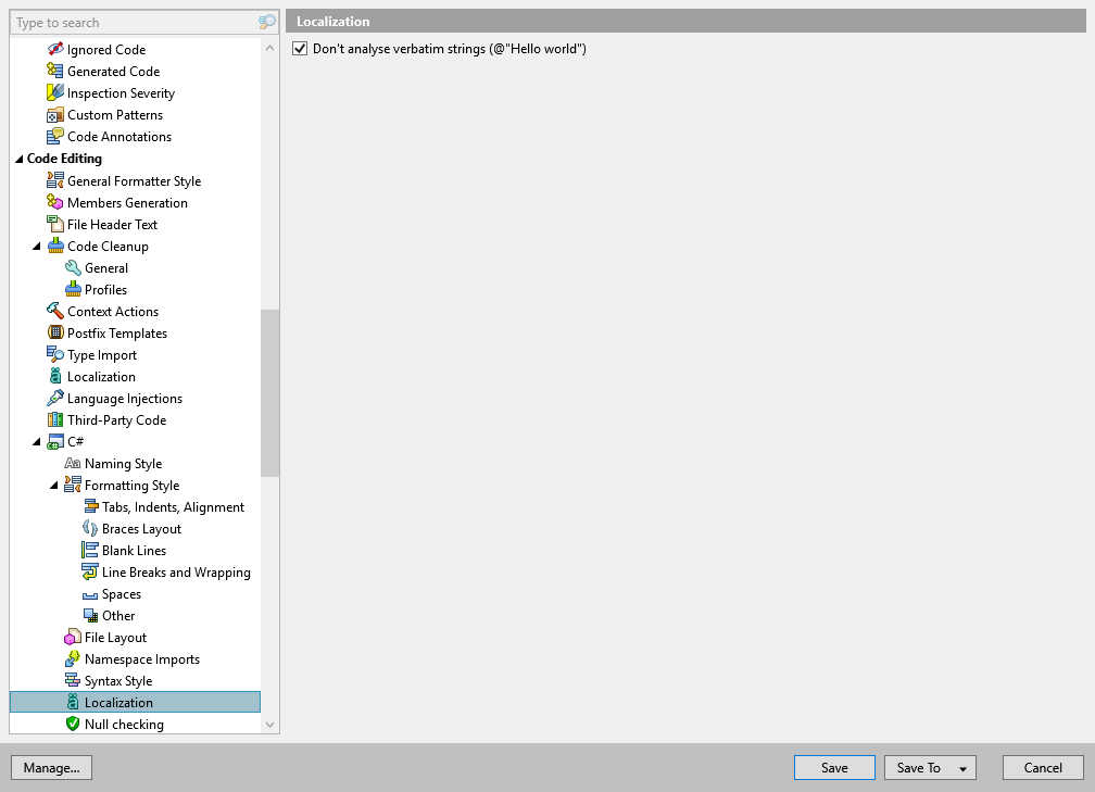 ReSharper options: Code Editing | C# | Localization