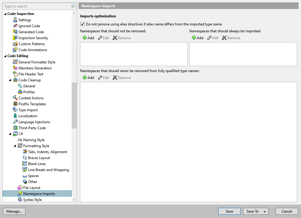 ReSharper options: Code Editing | C# | Namespace Imports