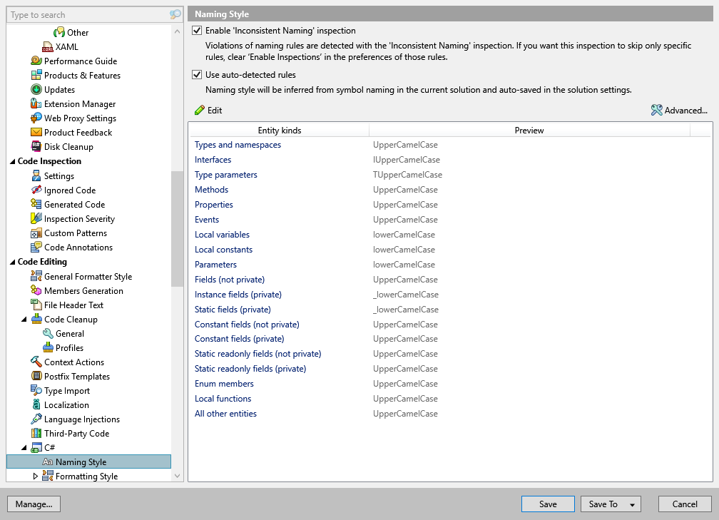 ReSharper options: Code Editing | C# | Naming Style