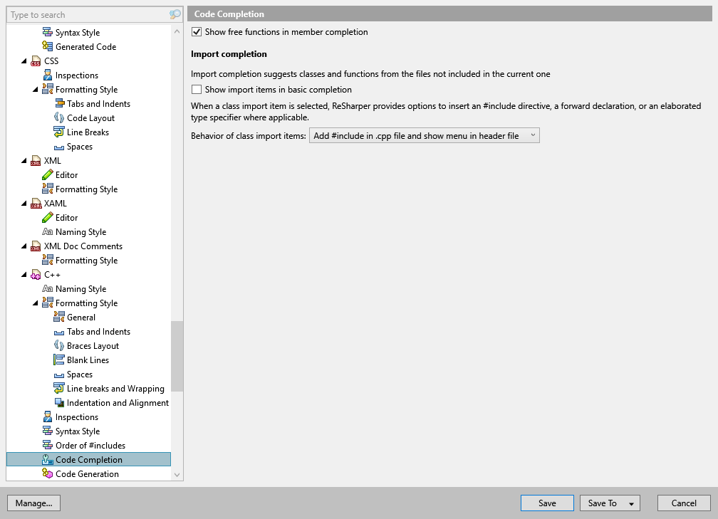 ReSharper options: Code Editing | C++ | Code Completion