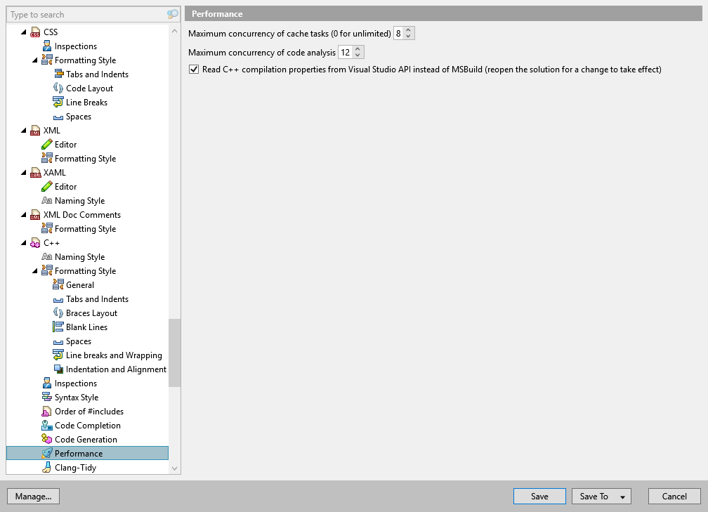 ReSharper options: Code Editing | C++ | Performance