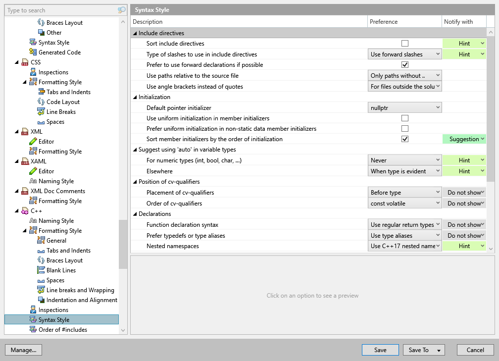 ReSharper options: Code Editing | C++ | Syntax Style