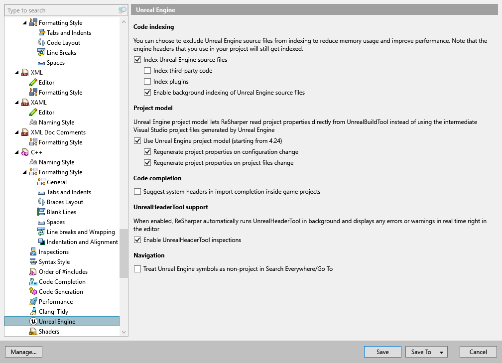 ReSharper options: Code Editing | C++ | Unreal Engine