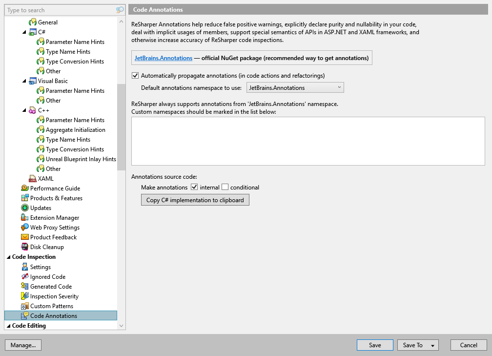 ReSharper options: Code Inspection | Code Annotations