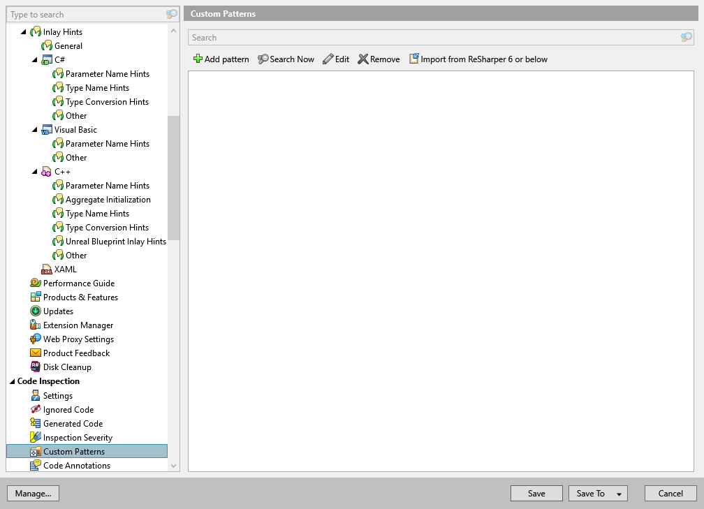 ReSharper options: Code Inspection | Custom Patterns