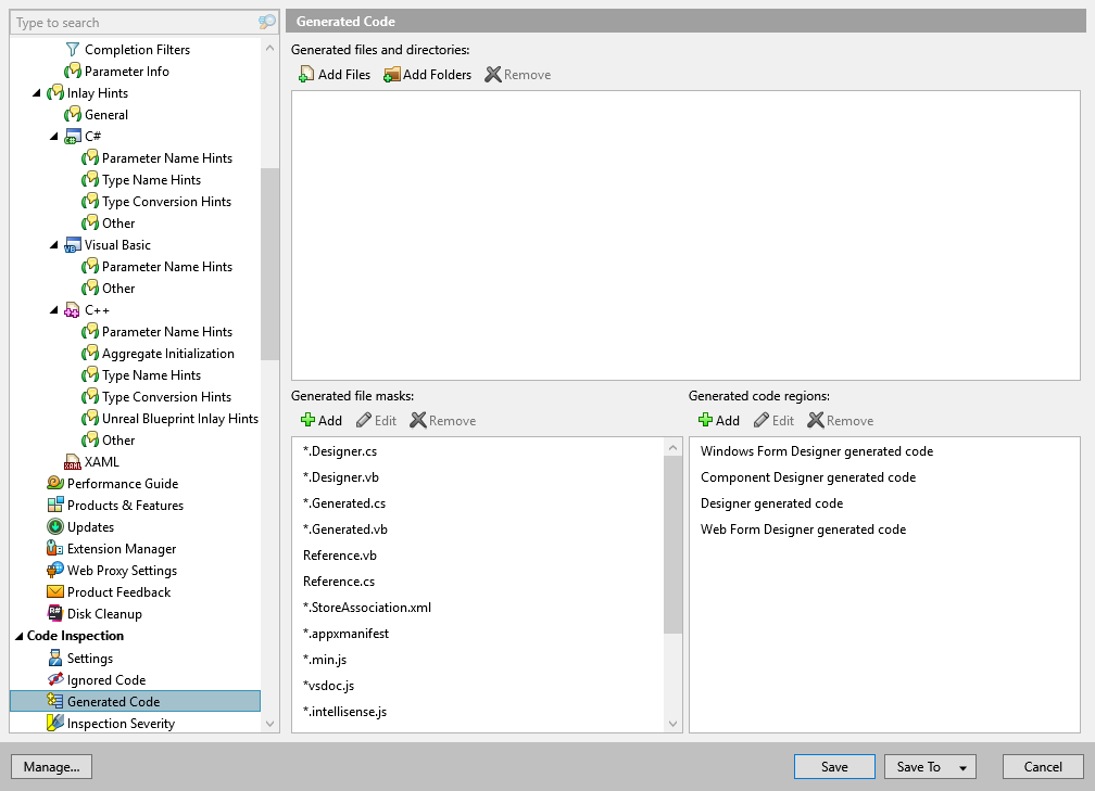 ReSharper options: Code Inspection | Generated Code