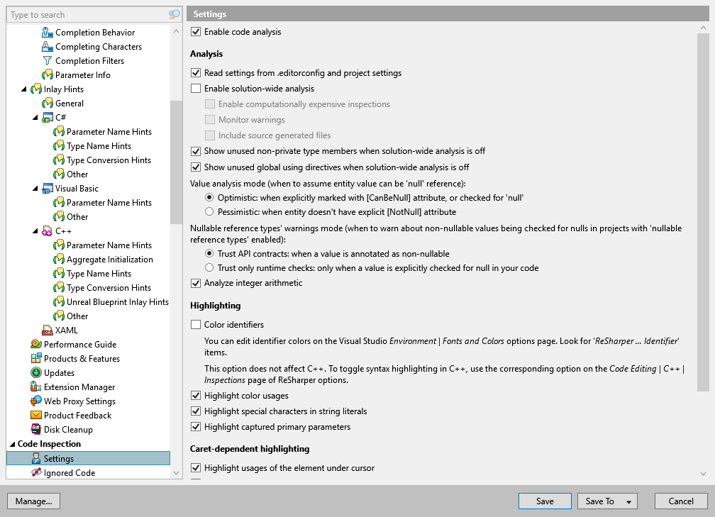 ReSharper options: Code Inspection | Settings