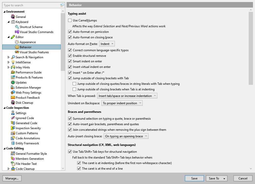 ReSharper options: Environment | Editor | Behavior