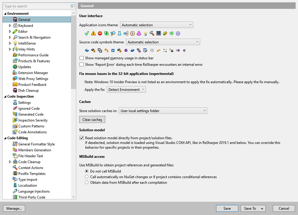 ReSharper options: Environment | General