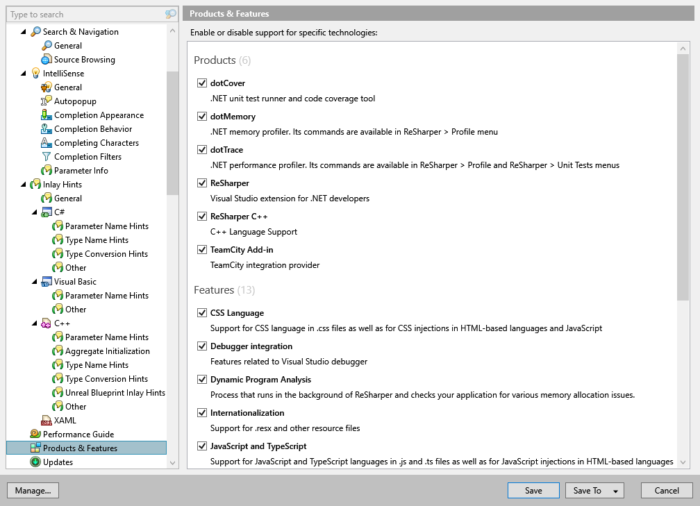 ReSharper options: Environment | Products & Features