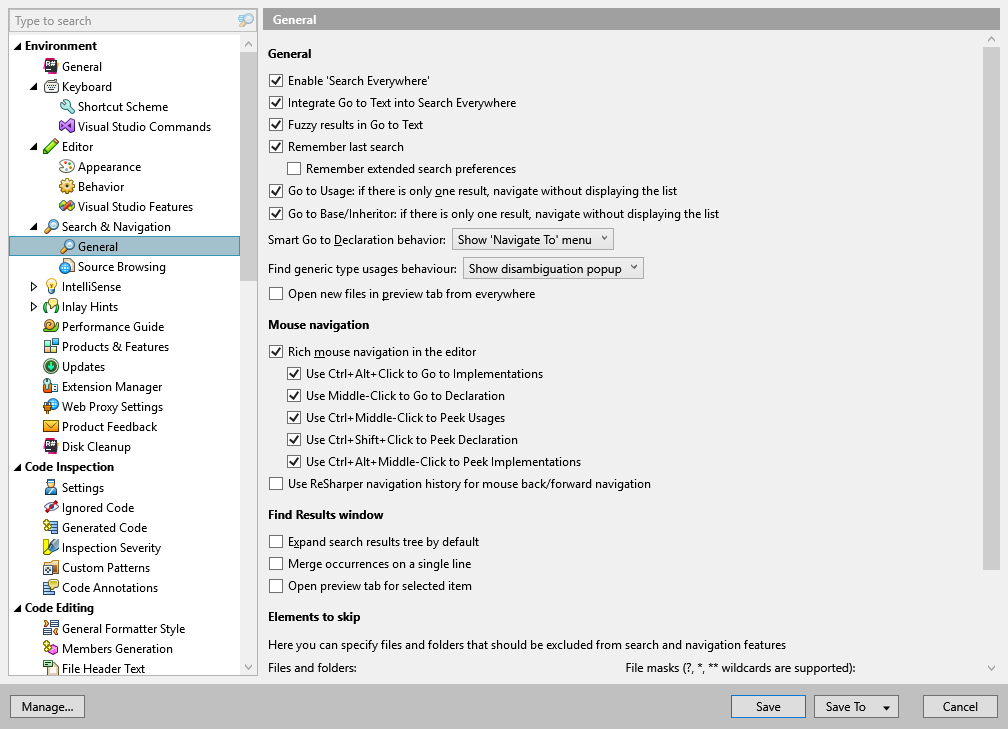 ReSharper options: Environment | Search & Navigation | General