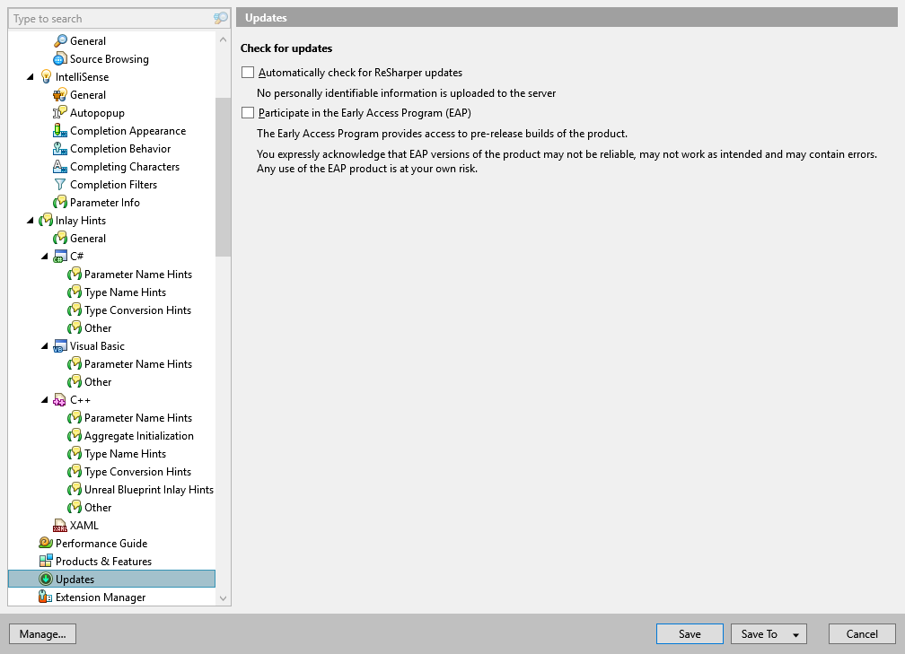 ReSharper options: Environment | Updates