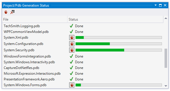 dotPeek: Project/PDB Generation Status window