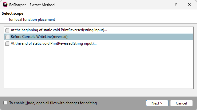 ReSharper. Extract Method refactoring: choosing to extract a local function