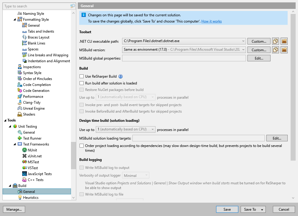 ReSharper options: Tools | Build | General