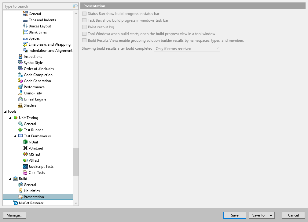 ReSharper options: Tools | Build | Presentation