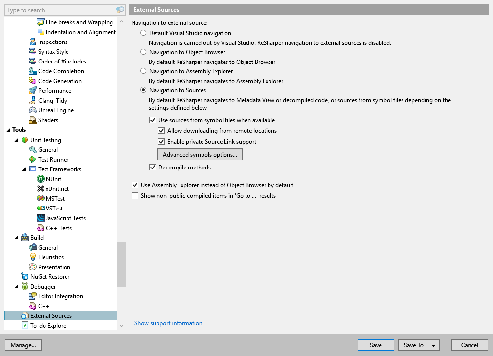 ReSharper options: Tools | External Sources