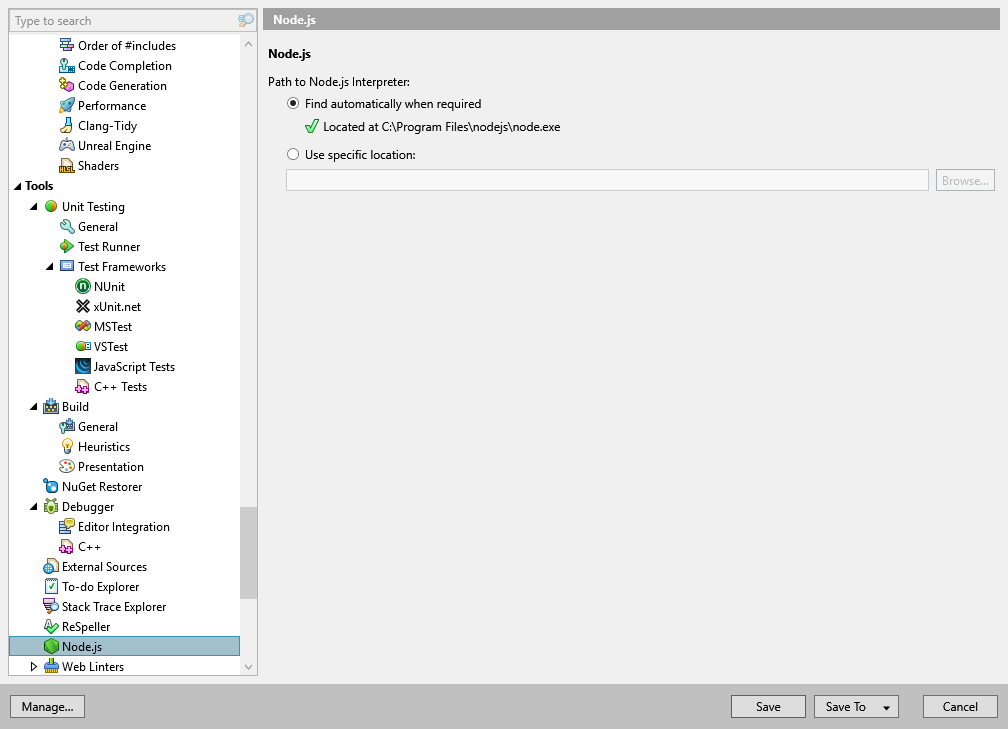 ReSharper options: Tools | Node.js
