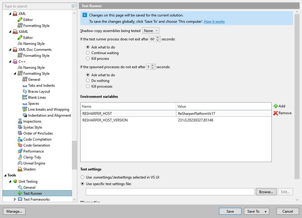 ReSharper options: Tools | Unit Testing | Test Runner