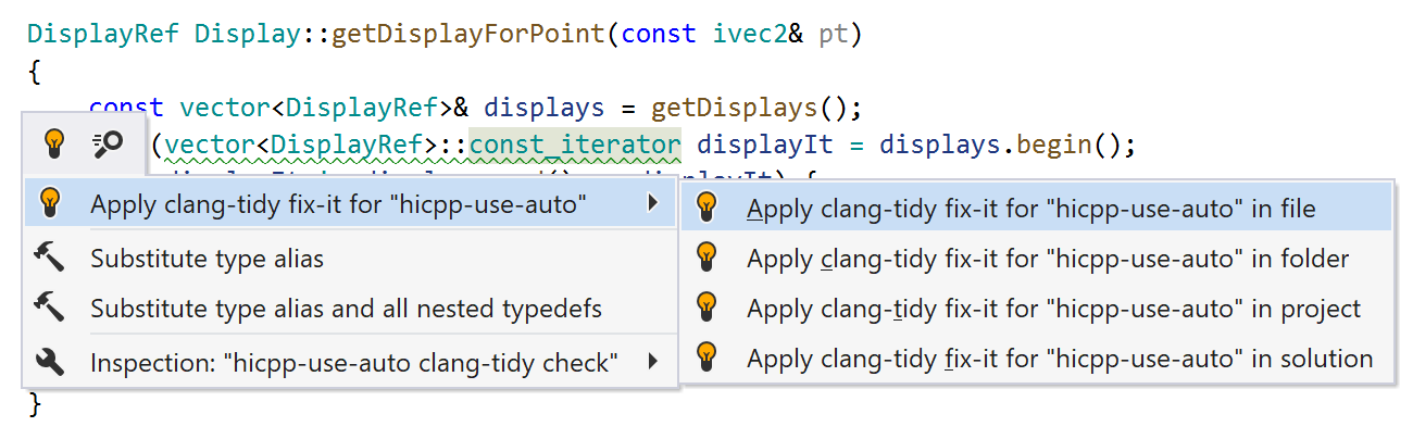 ReSharper: A quick fix for Clang-Tidy inspection