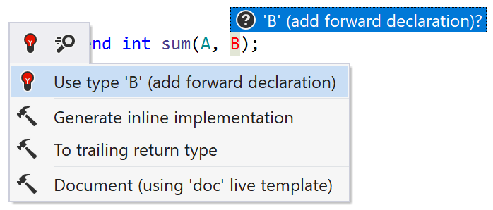 ReSharper: Add forward declaration quick-fix