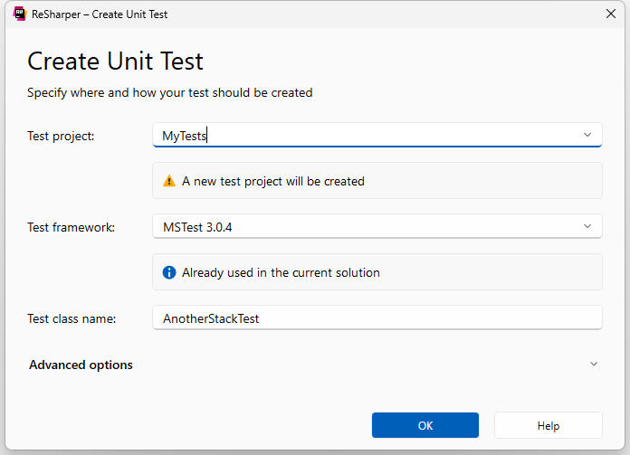 ReSharper: Create Unit Test dialog