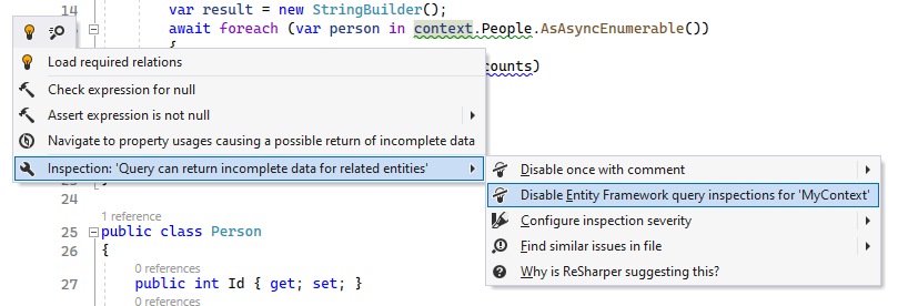 ReSharper: Disabling Entity Framework inspections for a DB context class from the 'Alt+Enter' menu